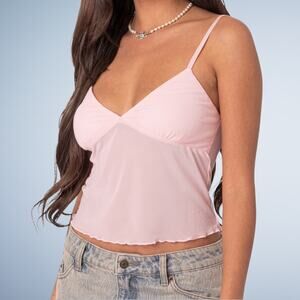 Edikted Y2K Serafina Sheer Mesh Cami Tank Top Baby Pink Small